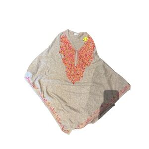 Cashmere Poncho Embroidered Floral Beige Pink Orange Womens